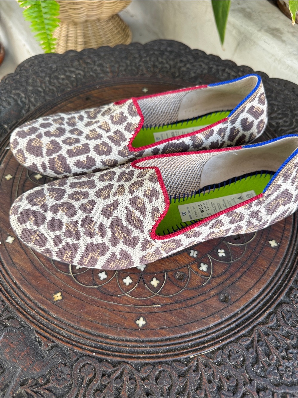 Rothy's Leopard Print Slip-On Loafer with Red/Blue  Trim